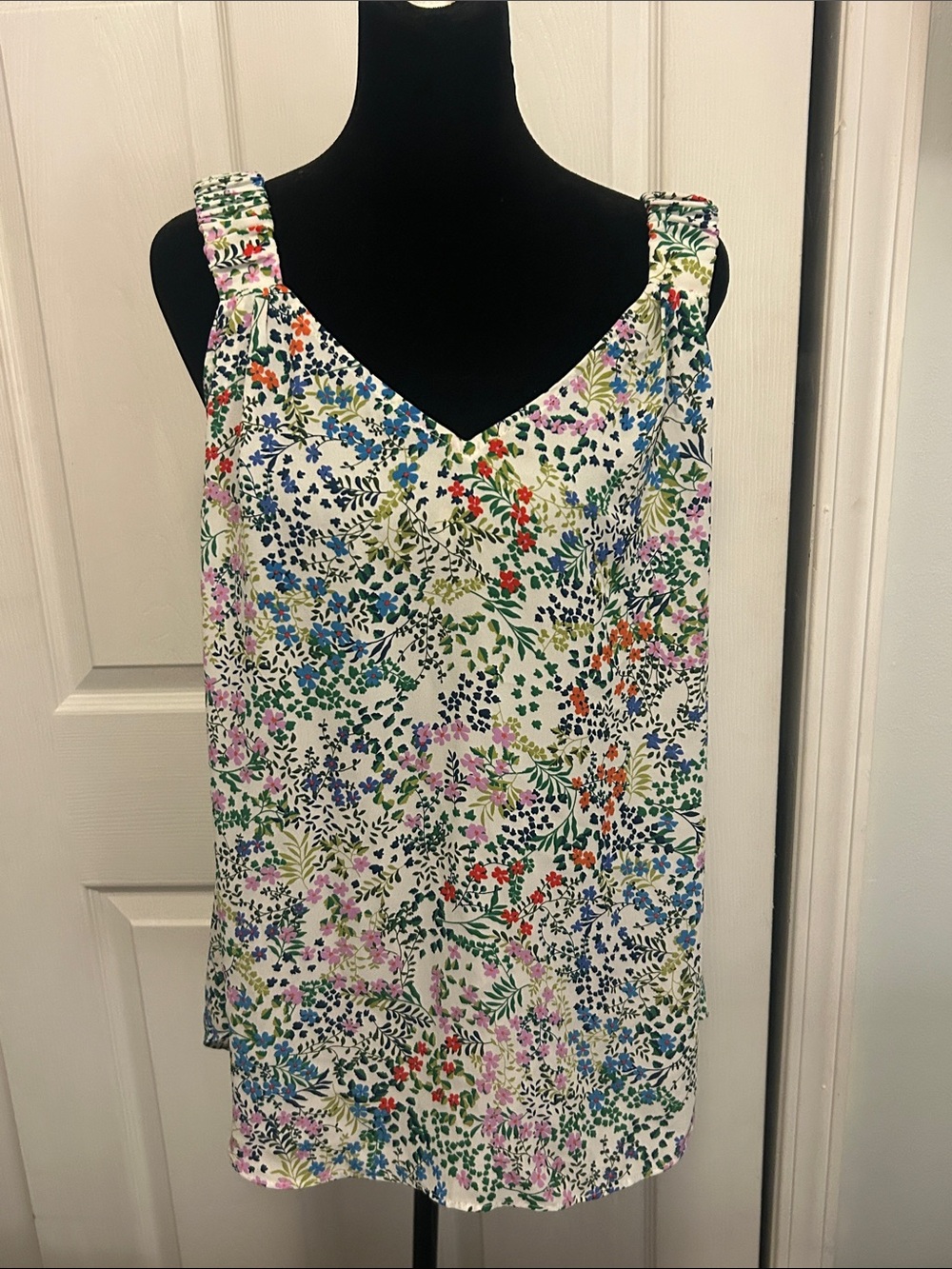 CAbi White Floral V-Neck Camisole with Multicolor Print